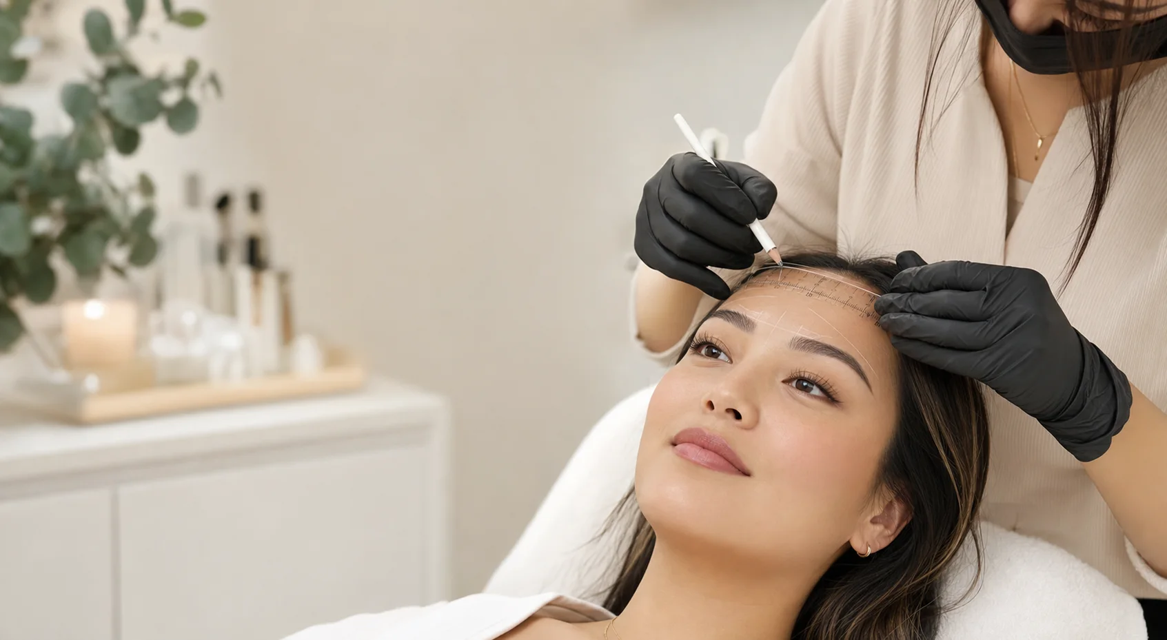 A beauty artist mapping brows in a clean professional studio.