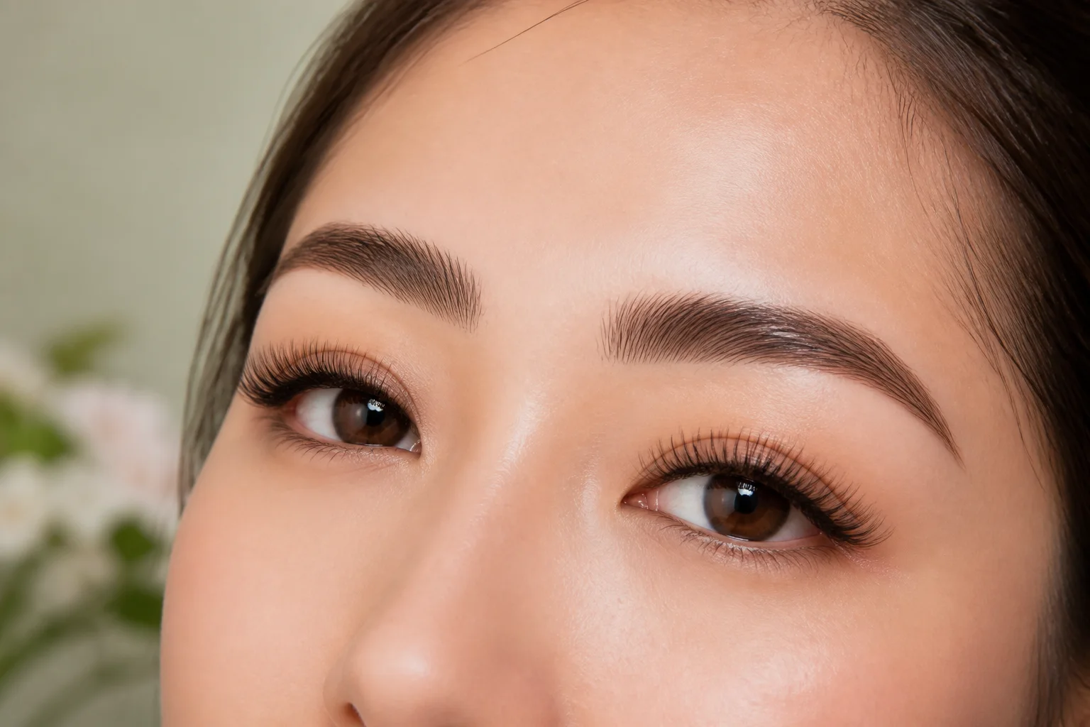 Close-up view of softly sculpted brows and lifted lashes.