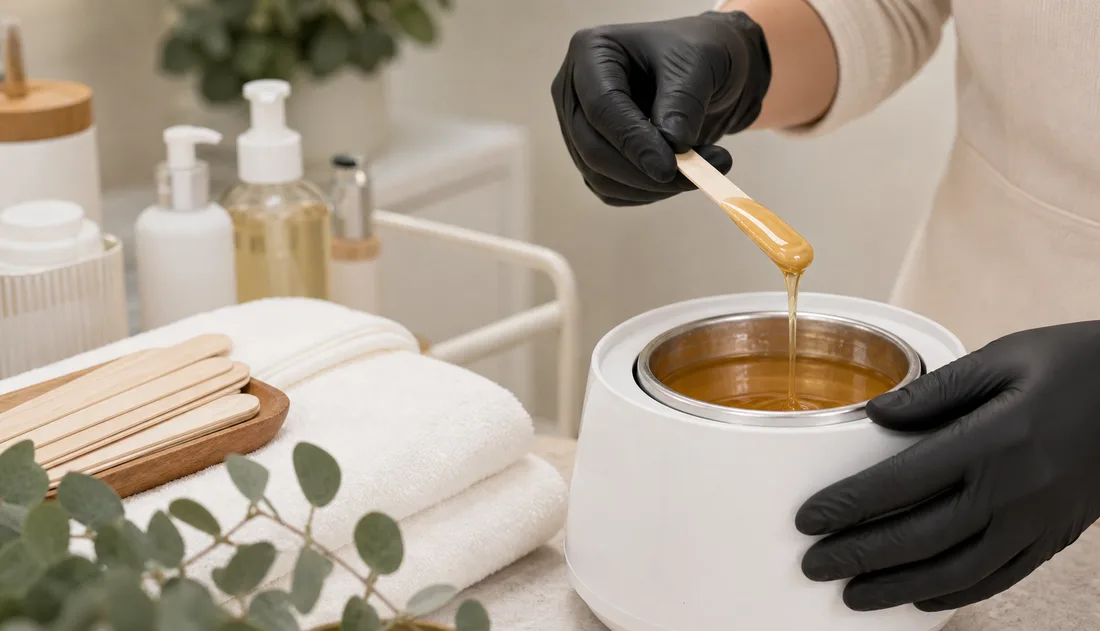 Professional waxing station with warm wax and clean towels.